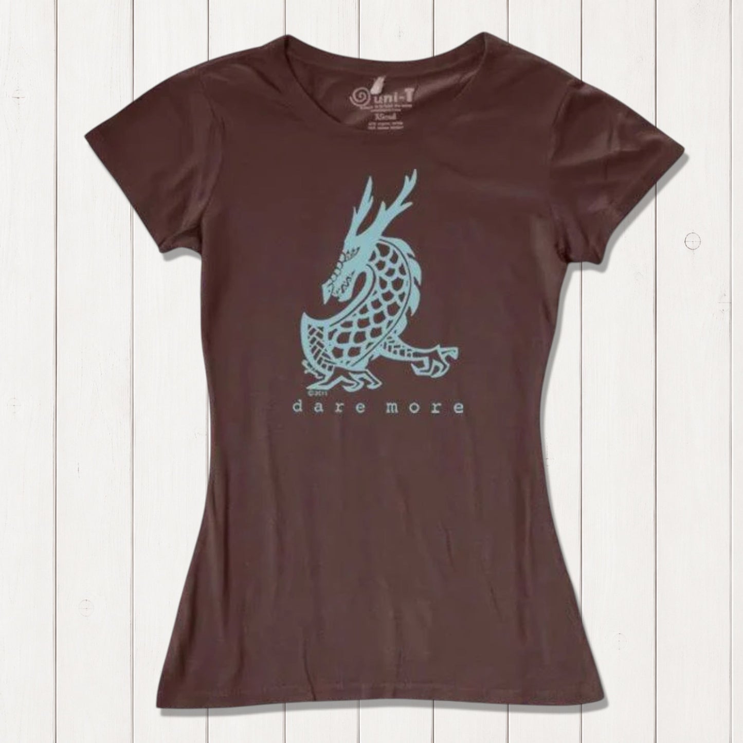 Brown 'Dare More' women's dragon T-shirt with light blue mythical creature print. Eco-friendly bamboo-organic cotton tee by Uni-T.