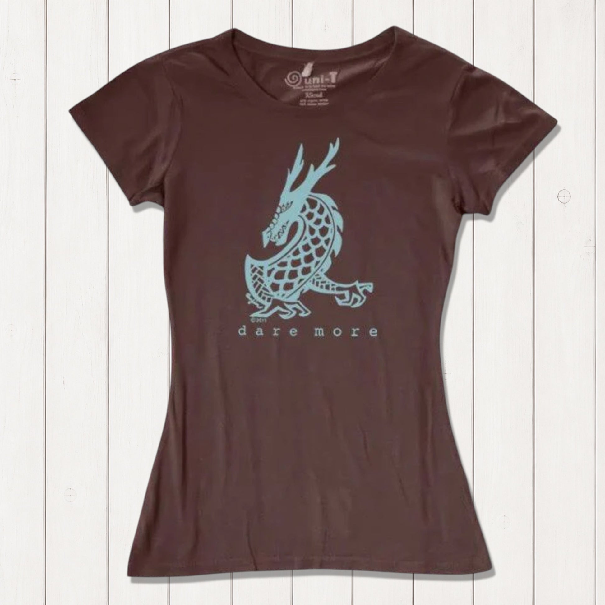 Brown 'Dare More' women's dragon T-shirt with light blue mythical creature print. Eco-friendly bamboo-organic cotton tee by Uni-T.