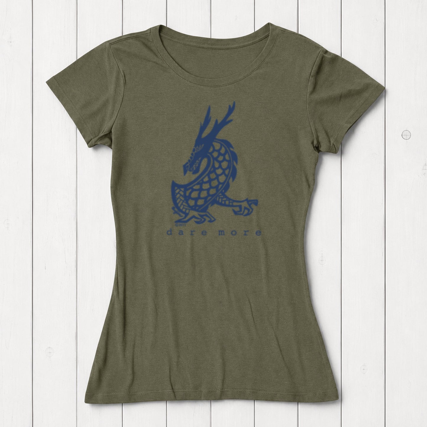 Olive green 'Dare More' dragon T-shirt for women with navy fantasy art. Sustainable bamboo-organic cotton graphic tee by Uni-T.