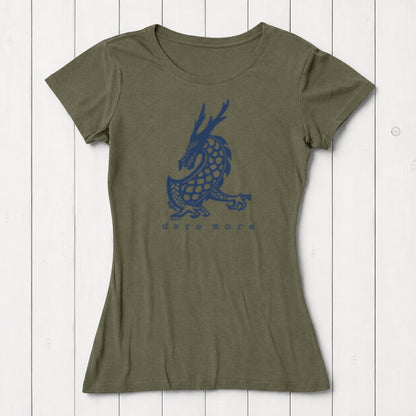 Olive green 'Dare More' dragon T-shirt for women with navy fantasy art. Sustainable bamboo-organic cotton graphic tee by Uni-T.
