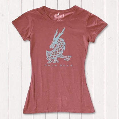 Rust red 'Dare More' dragon T-shirt for women with light blue print. Sustainable mythical creature tee in bamboo-organic cotton by Uni-T.
