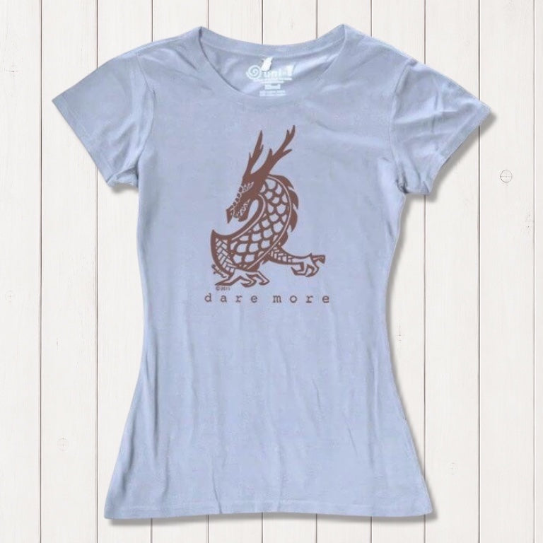 Light blue 'Dare More' women's T-shirt with brown dragon design. Sustainable bamboo-organic cotton graphic tee by Uni-T.