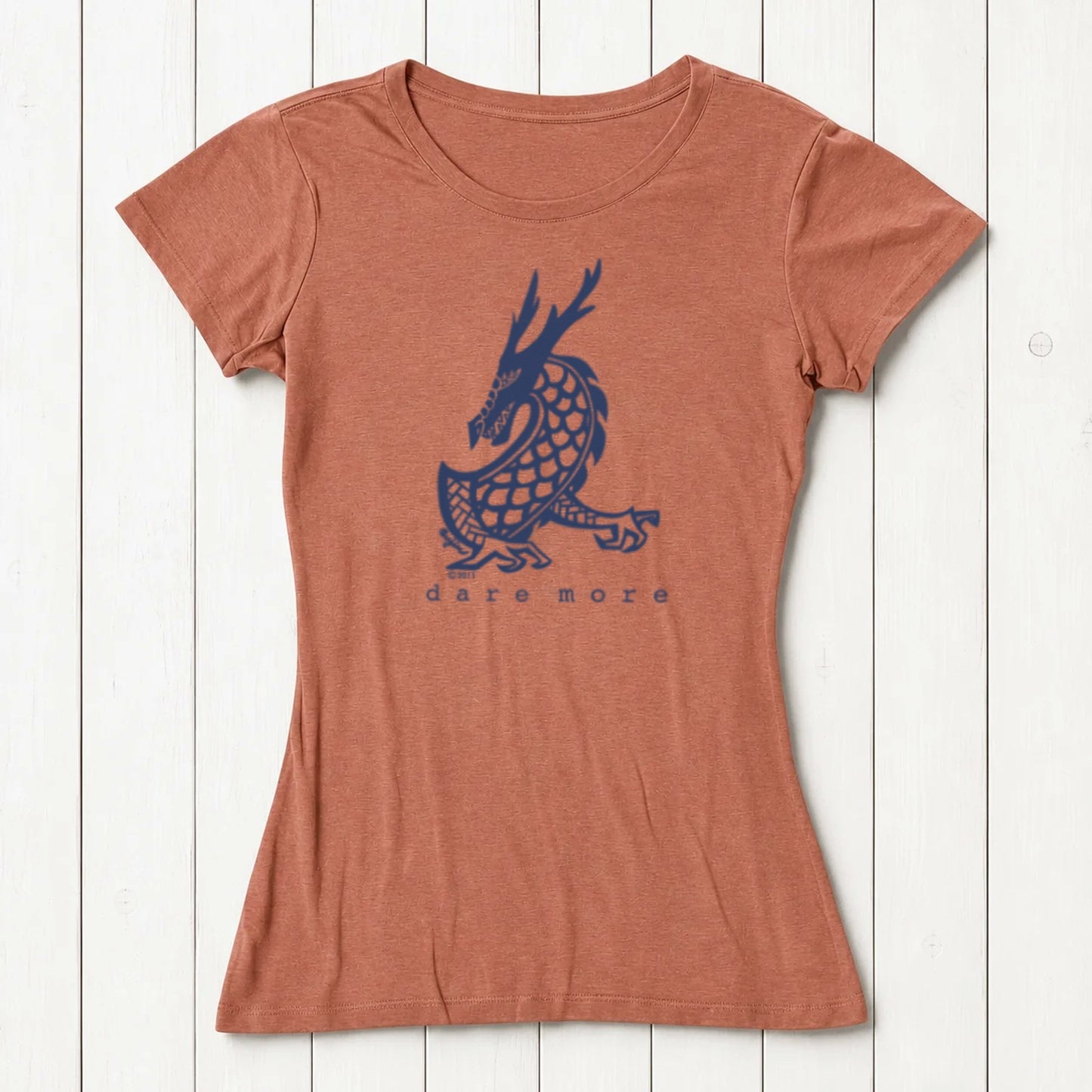 Terracotta 'Dare More' dragon T-shirt for women with navy mythical creature print. Eco-friendly bamboo-organic cotton tee by Uni-T.