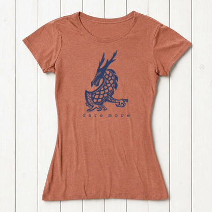 Terracotta 'Dare More' dragon T-shirt for women with navy mythical creature print. Eco-friendly bamboo-organic cotton tee by Uni-T.
