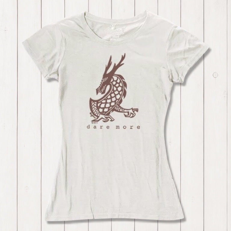 Cream 'Dare More' women's dragon T-shirt with brown fantasy art. Sustainable bamboo-organic cotton tee by Uni-T.
