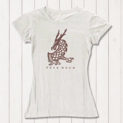 Cream 'Dare More' women's dragon T-shirt with brown fantasy art. Sustainable bamboo-organic cotton tee by Uni-T.