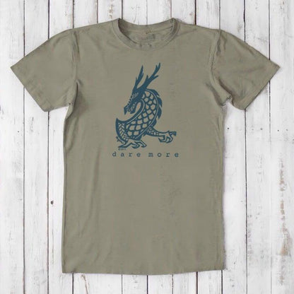 Olive green men's bamboo and organic cotton t-shirt featuring bold blue dragon artwork and 'Dare More' slogan, fantasy graphic tee gift.