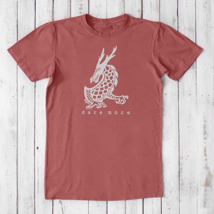 Red clay men's dragon t-shirt made from bamboo and organic cotton, featuring white dragon graphic and 'Dare More' slogan, adventure gift.