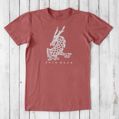 Red clay men's dragon t-shirt made from bamboo and organic cotton, featuring white dragon graphic and 'Dare More' slogan, adventure gift.