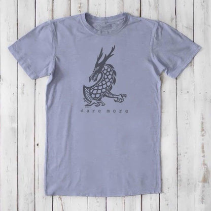 Lavender men's dragon t-shirt in bamboo and organic cotton with black fantasy dragon print and 'Dare More' text, soft classic fit tee.