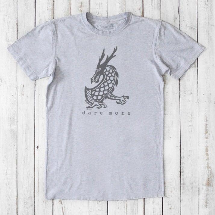 Heather grey men's dragon t-shirt in bamboo and organic cotton with dark grey dragon print and 'Dare More' text, eco-friendly gift tee.