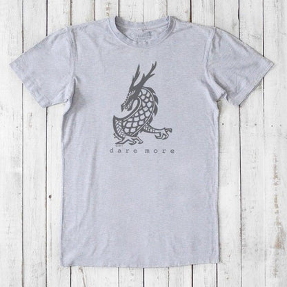 Heather grey men's dragon t-shirt in bamboo and organic cotton with dark grey dragon print and 'Dare More' text, eco-friendly gift tee.