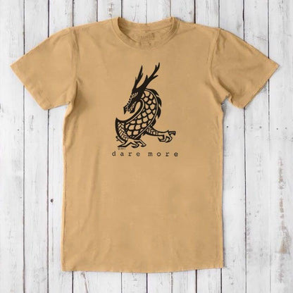 Camel tan men's bamboo and organic cotton t-shirt with bold black dragon graphic and 'Dare More' slogan, fantasy adventure tee for him.