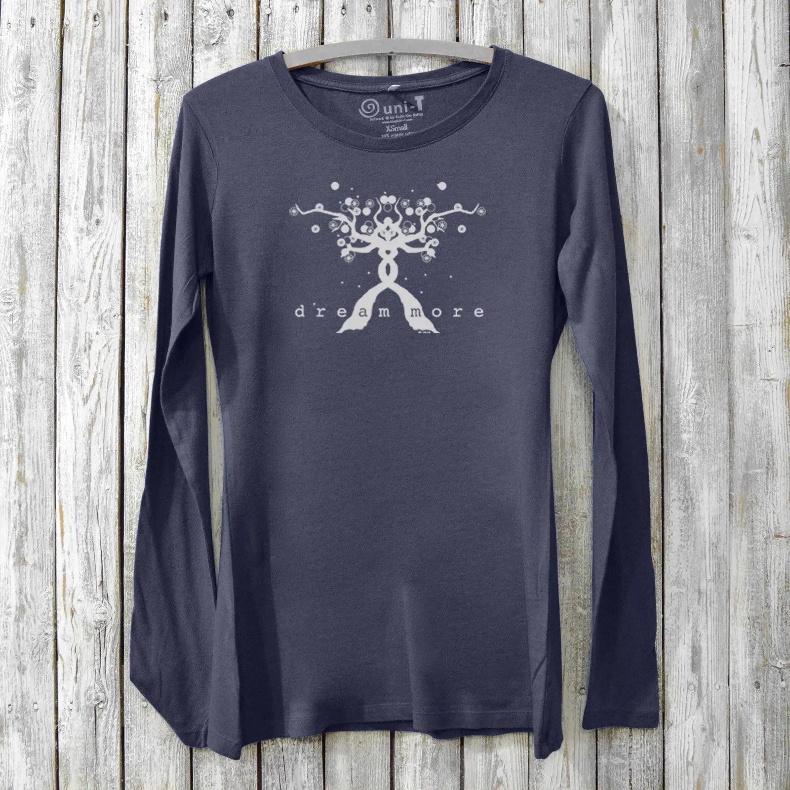 Women's motivational long sleeve T-shirt in ocean blue with 'Dream More' tree graphic, made from bamboo and organic cotton by Uni-T.