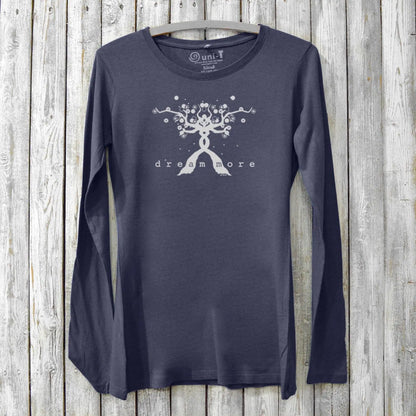 Women's motivational long sleeve T-shirt in ocean blue with 'Dream More' tree graphic, made from bamboo and organic cotton by Uni-T.