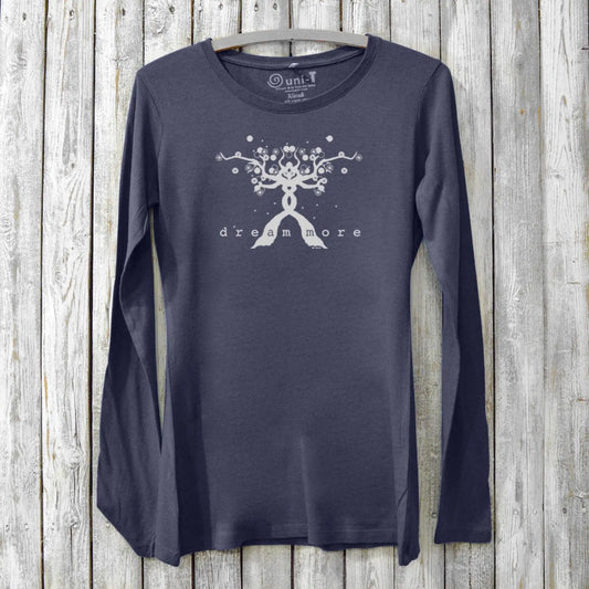 Women's motivational long sleeve T-shirt in ocean blue with 'Dream More' tree graphic, made from bamboo and organic cotton by Uni-T.