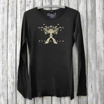 Black bamboo and organic cotton long sleeve shirt for women with inspirational 'Dream More' tree print, ideal for casual winter wear.
