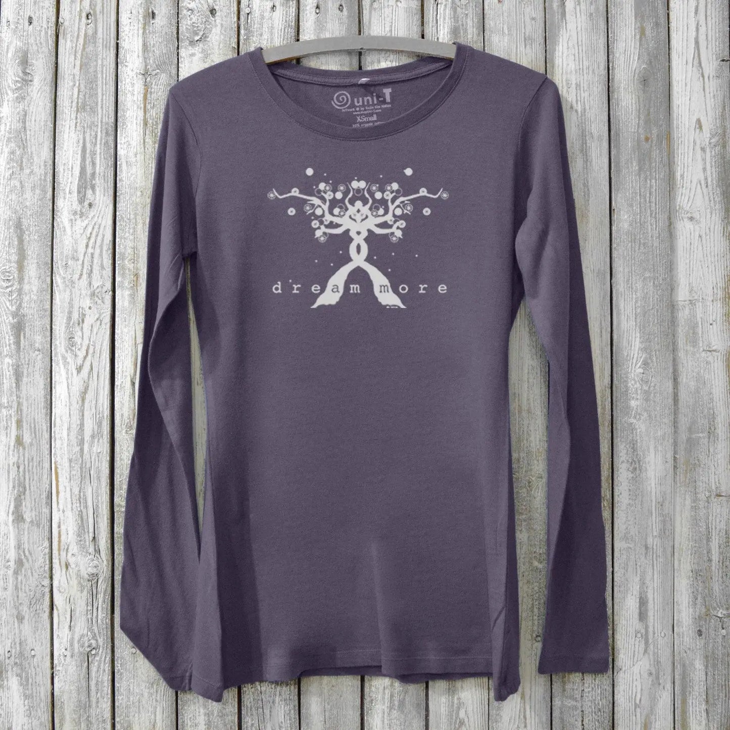 Purple women's long sleeve T-shirt with 'Dream More' tree graphic, made from soft bamboo and organic cotton blend by Uni-T.