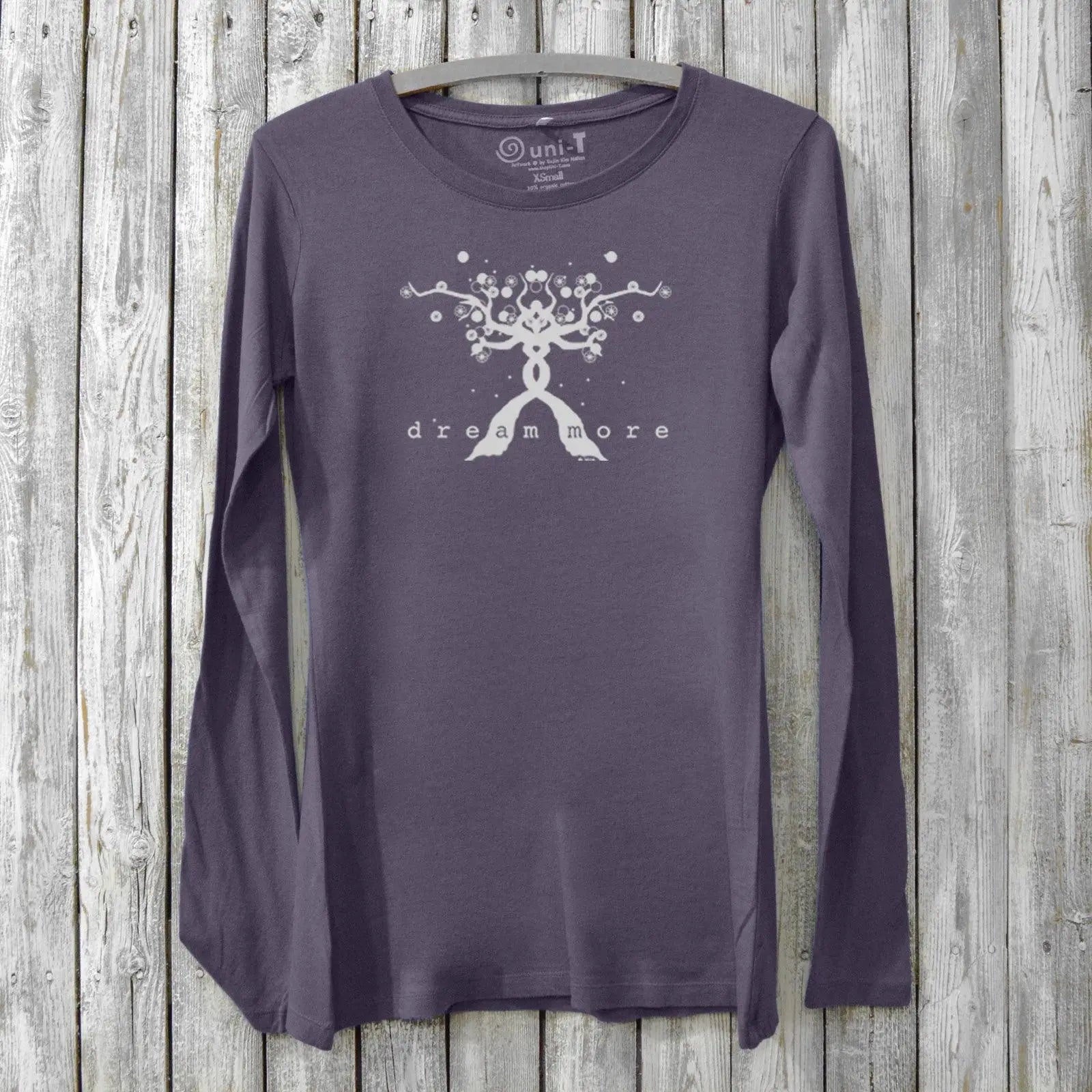 Purple women's long sleeve T-shirt with 'Dream More' tree graphic, made from soft bamboo and organic cotton blend by Uni-T.