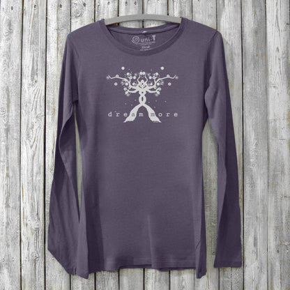 Purple women's long sleeve T-shirt with 'Dream More' tree graphic, made from soft bamboo and organic cotton blend by Uni-T.