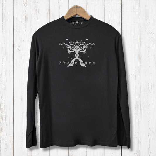 Black 'Dream More' long sleeve t-shirt for men made from bamboo and organic cotton. Features eco-friendly graphic design with motivational message.