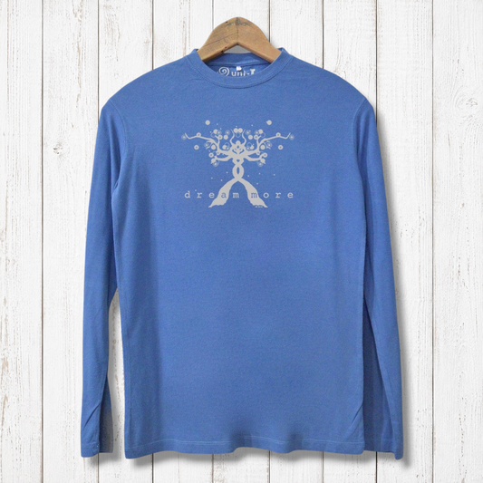 Blue bamboo motivational t-shirt for men with 'Dream More' graphic. Sustainable long sleeve shirt ideal for casual, eco-conscious wear.