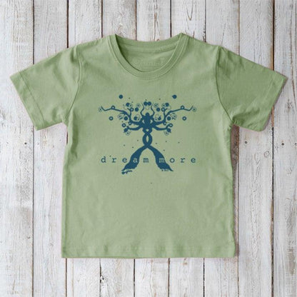 Green Kids' Organic Cotton T-Shirt with blue 'Dream More' positive message design. Eco-conscious inspirational top by Uni-T for kids.