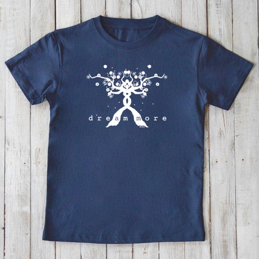 Navy blue Kids' Organic Cotton T-Shirt with white 'Dream More' graphic. Sustainable and motivational apparel by Uni-T for children.