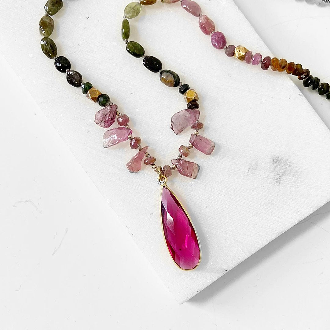 Tourmaline Necklace, Silk Necklace, Hand Knotted, Bohemian Necklace, Tourmaline Chunky Jewelry, Tourmaline Bead, Green and Pink Necklace- Uni-T Janine Gerade