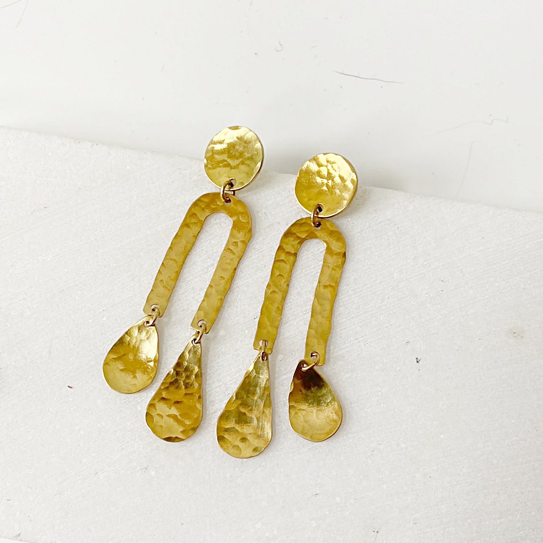 Rain Drops &amp; Moon Earrings // Brass Geometric Earrings Uni-T 