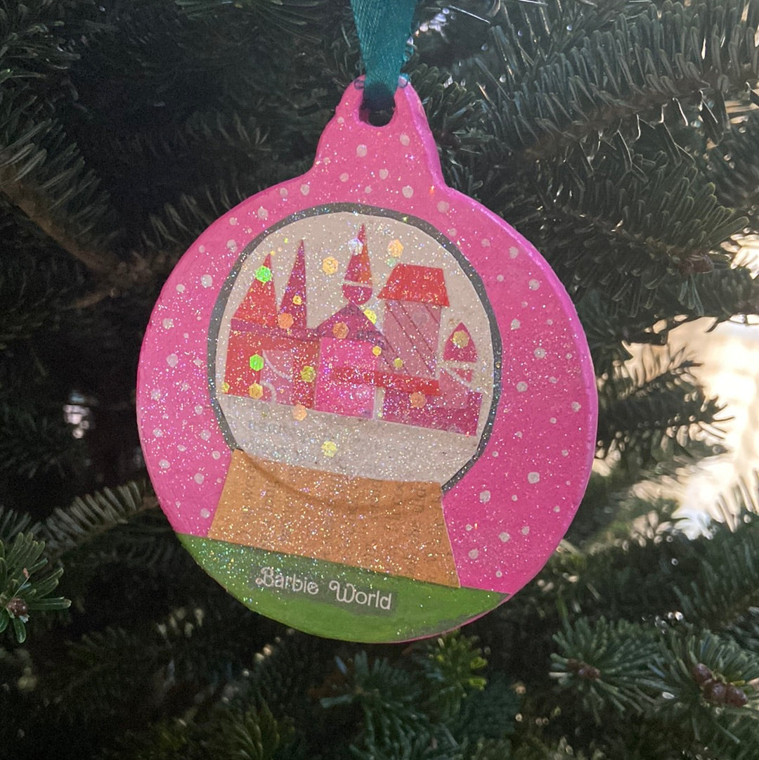 Mixed Media Wooden Holiday Ornaments - Barbie World snow globe Virginia Fitzgerald