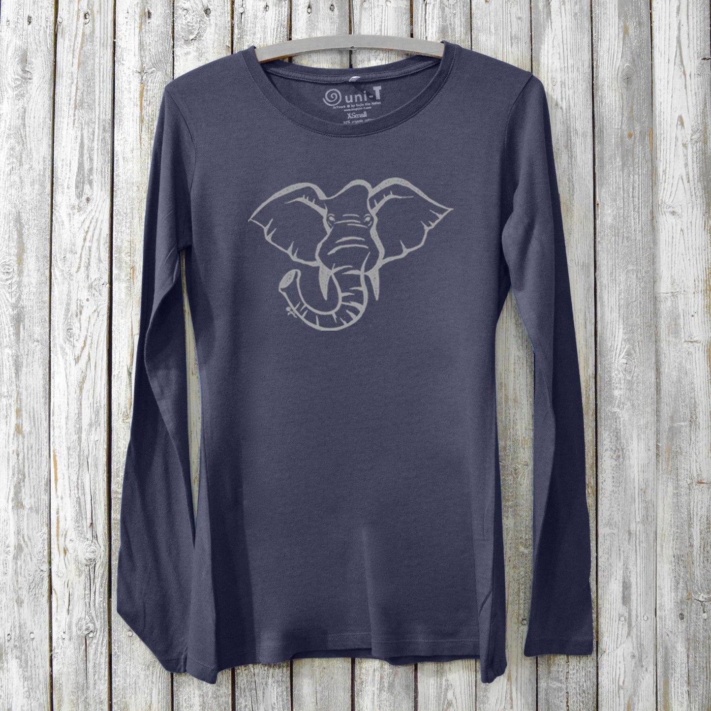 Navy Women's Elephant Long Sleeve T-Shirt in Bamboo & Organic Cotton by Uni-T, featuring a hand-drawn elephant graphic for wildlife conservation awareness.