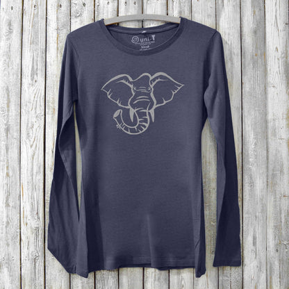 Navy Women's Elephant Long Sleeve T-Shirt in Bamboo & Organic Cotton by Uni-T, featuring a hand-drawn elephant graphic for wildlife conservation awareness.