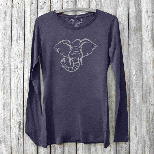 Navy Women's Elephant Long Sleeve T-Shirt in Bamboo & Organic Cotton by Uni-T, featuring a hand-drawn elephant graphic for wildlife conservation awareness.