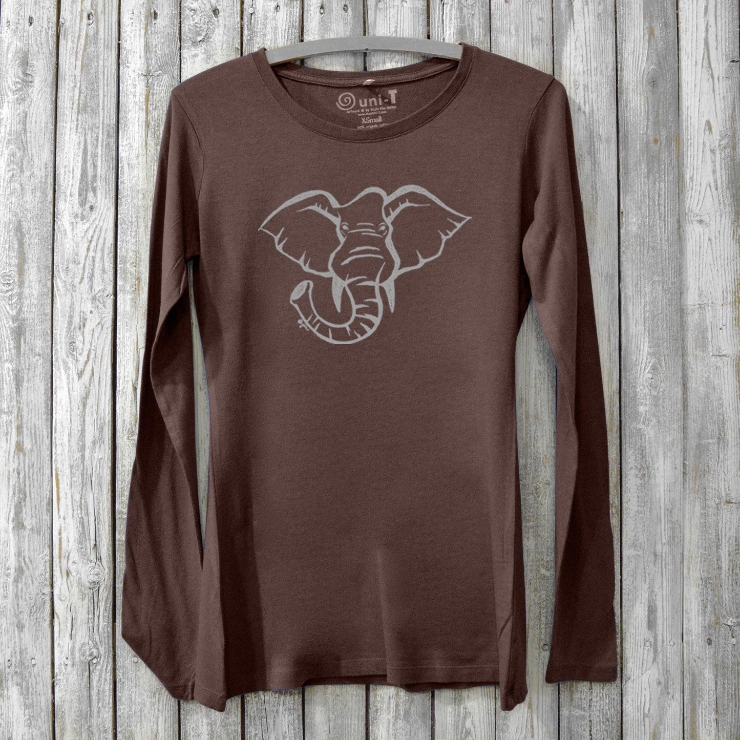 Brown Women's Elephant Long Sleeve T-Shirt in Bamboo & Organic Cotton by Uni-T, with a bold elephant graphic supporting endangered species awareness.