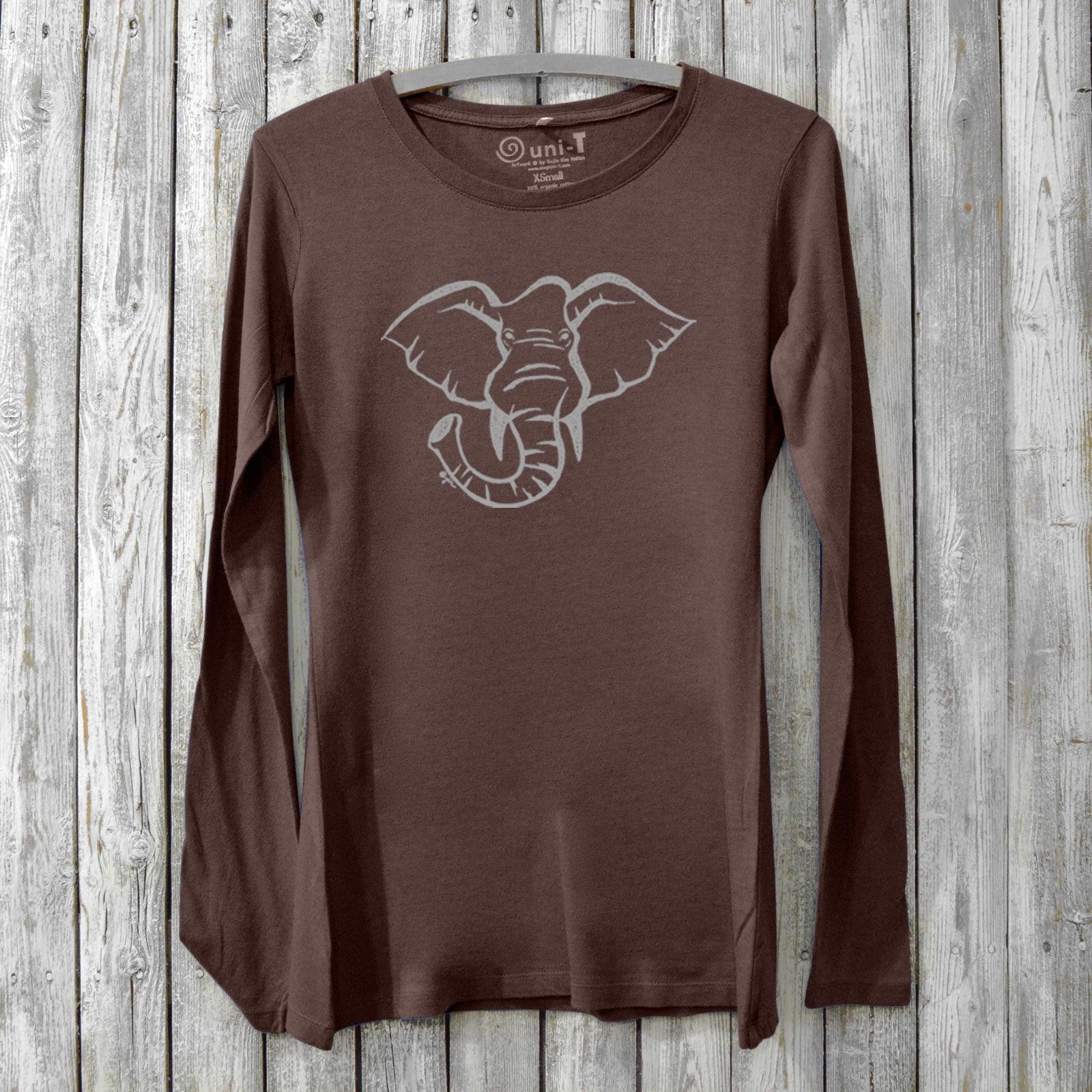 Brown Women's Elephant Long Sleeve T-Shirt in Bamboo & Organic Cotton by Uni-T, with a bold elephant graphic supporting endangered species awareness.