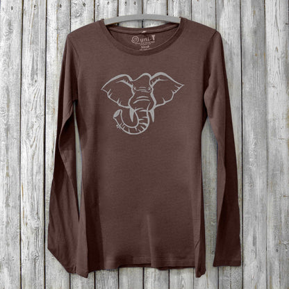 Brown Women's Elephant Long Sleeve T-Shirt in Bamboo & Organic Cotton by Uni-T, with a bold elephant graphic supporting endangered species awareness.