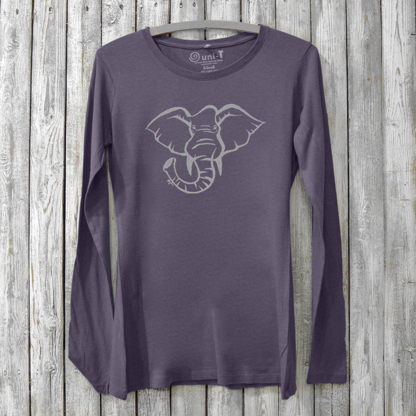 Purple Women's Elephant Long Sleeve T-Shirt in Bamboo & Organic Cotton by Uni-T, showcasing a minimalist elephant design promoting strength and resilience.
