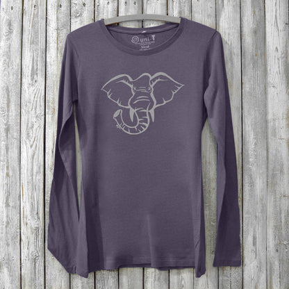 Purple Women's Elephant Long Sleeve T-Shirt in Bamboo & Organic Cotton by Uni-T, showcasing a minimalist elephant design promoting strength and resilience.