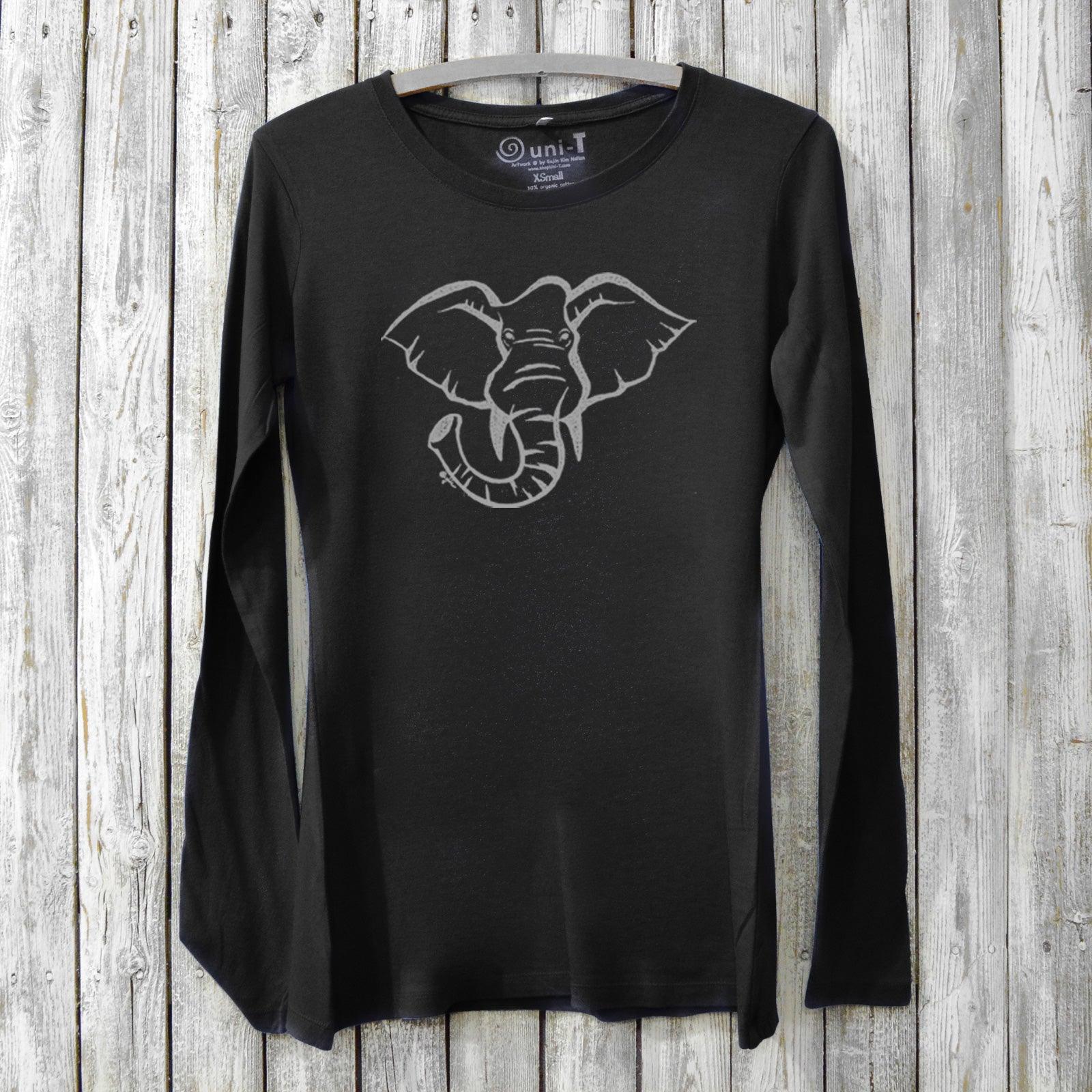 Black Women's Elephant Long Sleeve T-Shirt in Bamboo & Organic Cotton by Uni-T, featuring a striking elephant illustration titled 'Gentle Giant.'