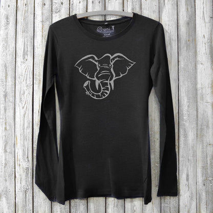 Black Women's Elephant Long Sleeve T-Shirt in Bamboo & Organic Cotton by Uni-T, featuring a striking elephant illustration titled 'Gentle Giant.'