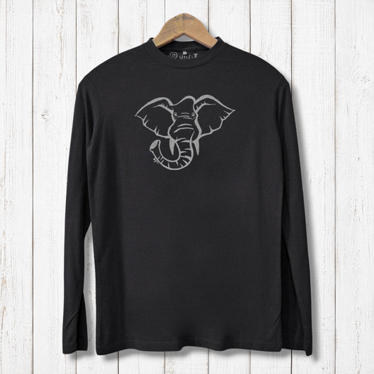 Men's Elephant Long Sleeve T-Shirt in black made from eco-friendly bamboo and organic cotton. Features minimalist elephant graphic for wildlife lovers.