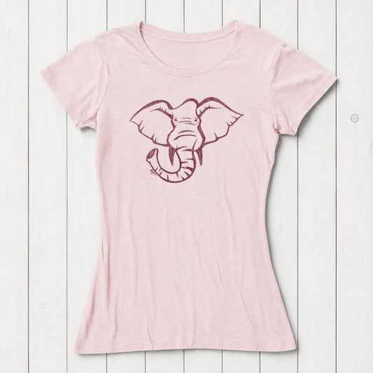 Light pink women's T-shirt made from bamboo and organic cotton with a black line art elephant graphic on the front, casual wear