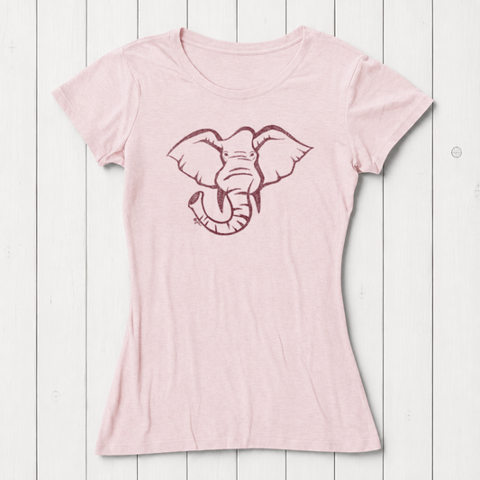 Light pink women's T-shirt made from bamboo and organic cotton with a black line art elephant graphic on the front, casual wear