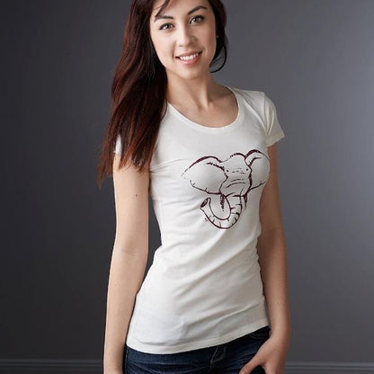 Model wearing ivory Women's Elephant T-Shirt made from bamboo & organic cotton, featuring a maroon elephant design. Soft eco-friendly animal lover tee.