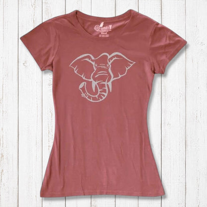 Rust red Women's Elephant T-Shirt in bamboo & organic cotton with white elephant graphic. Sustainable safari-themed gift for animal lovers.