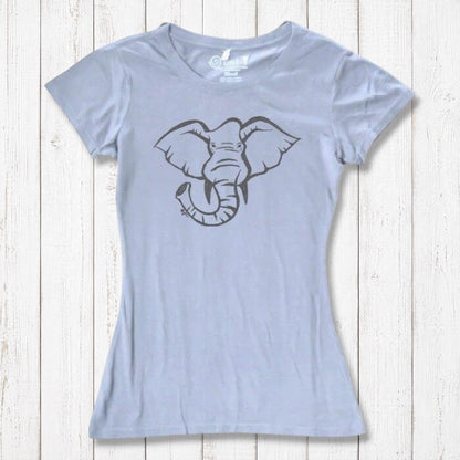Light blue Women's Elephant T-Shirt in bamboo & organic cotton with dark grey elephant print. Eco-conscious wildlife graphic tee for women.