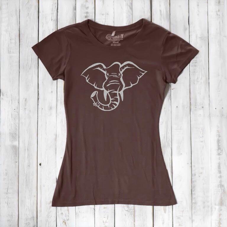 Chocolate brown Women's Elephant T-Shirt in bamboo & organic cotton with white elephant design. Ethical fashion gift for animal and nature lovers.