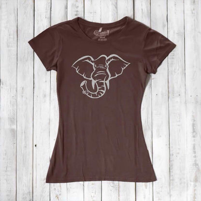 Chocolate brown Women's Elephant T-Shirt in bamboo & organic cotton with white elephant design. Ethical fashion gift for animal and nature lovers.