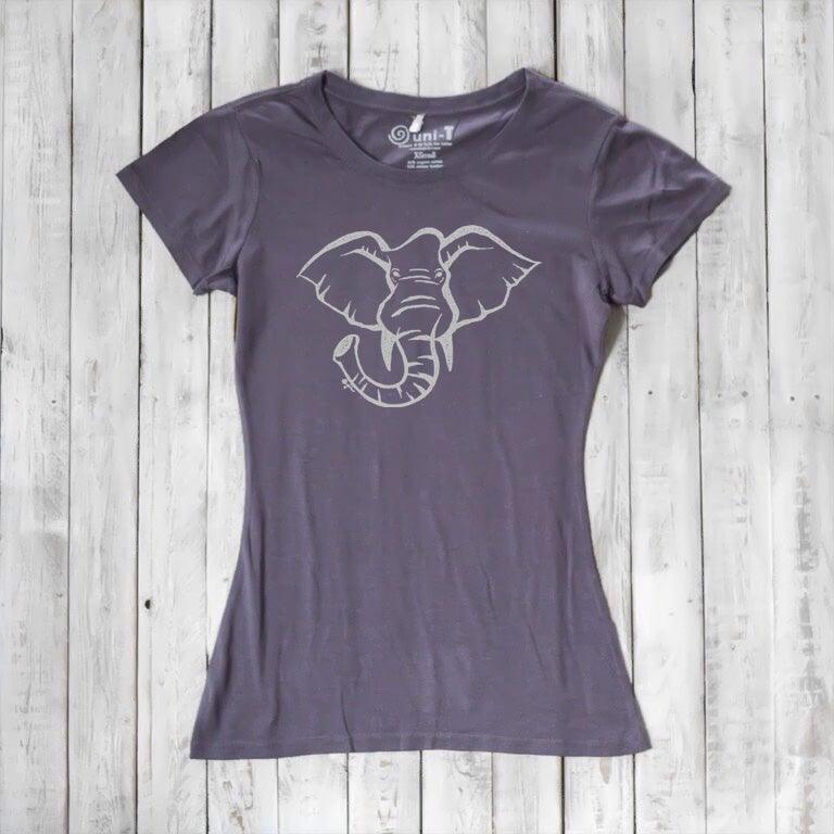 Charcoal grey Women's Elephant T-Shirt in bamboo & organic cotton with light grey elephant print. Stylish and sustainable wildlife-themed top.